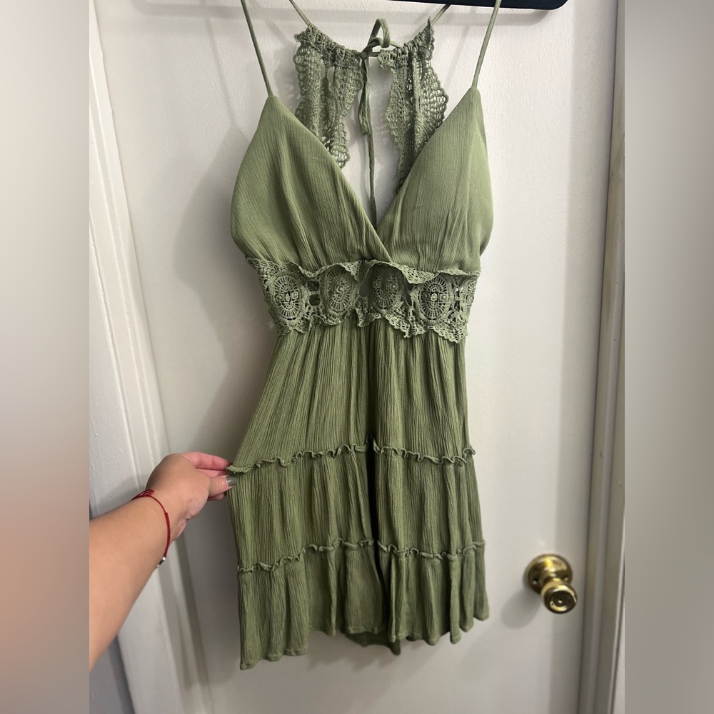 Iris Olive Backless Dress with Lace Detail
